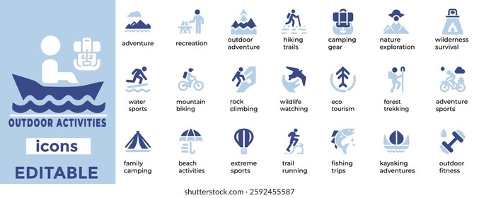 Adventure ready Outdoor Activities vector icons for camping, hiking, sports and travel. Perfect for web and print