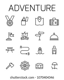 Adventure related vector icon set. Well-crafted sign in thin line style with editable stroke. Vector symbols isolated on a white background. Simple pictograms.