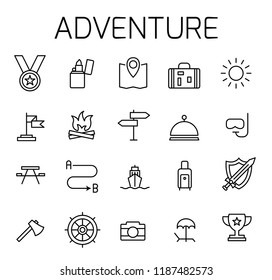 Adventure related vector icon set. Well-crafted sign in thin line style with editable stroke. Vector symbols isolated on a white background. Simple pictograms.