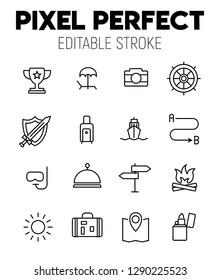 Adventure related vector icon set. Well-crafted sign in thin line style with editable stroke. Pixel Perfect. Editable Stroke. Simple pictograms