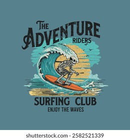 Adventure Rider Surfing Club waves skull surfer vector illustration t shirt print