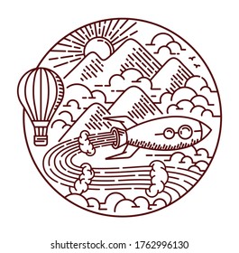 Adventure with rocket vector line illustration