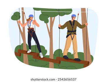 Curso de corda de aventura no parque. Casal caminhando em ponte de toros suspensa, superando obstáculos entre as árvores. Recreação ao ar livre, entretenimento de verão. Ilustração de vetor plano isolada no plano de fundo branco