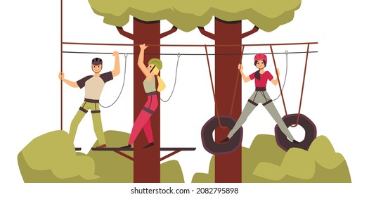 Adventure rope park concept in flat vector illustration isolated on white background. Young male, female cartoon characters climb rope at height, on sports walk overcome obstacles in safe equipment