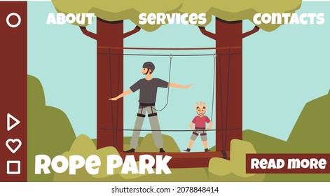 Adventure Rope Park In Forest With Cartoon Man, Boy In Flat Vector Illustration. Banner With Family Team In Helmets, Protective Gear Are Walking Zip Line Overcoming Obstacles High In Trees