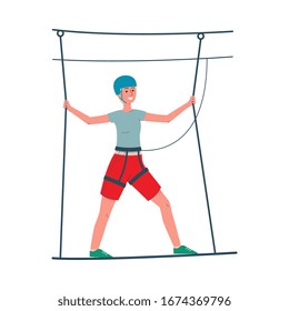 Adventure rope park ladder with man cartoon character, flat vector illustration isolated on white background. Sport recreation activity and summer entertainment.
