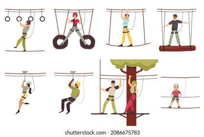 Adventure rope park with visitors in flat vector illustration isolated on white background. Set of cartoon people in helmets, protective gear are walking zip line overcoming various obstacles