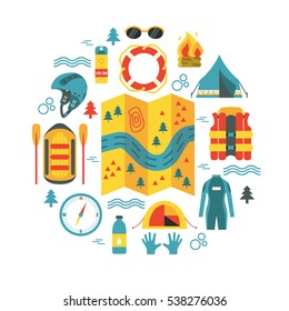 Adventure. Round vector illustration with rafting and camping equipment - map, raft, vest, round-buoy, camping fire, helmet, tent, stopwatch etc. Flat design. For websites, ads, banners and flyers