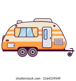 Adventure RV trailer.Travel caravan camper.Camping car.Isolated on white background. Vector flat illustration.