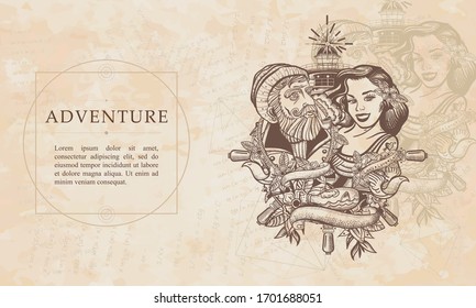 Adventure. Sea wolf captain and sailor girl. Love story. Renaissance background. Medieval manuscript, engraving art 