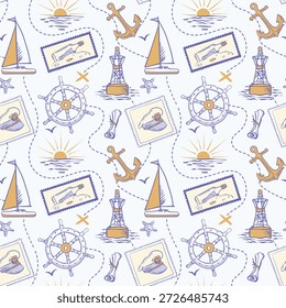 Patrón náutico sin fisuras de la aventura con la boya, el velero, el volante, el mar y el ancla. Sellos con botella y sombrero de capitán. Una trayectoria punteada de búsqueda del tesoro. Colores de moda azul y amarillo.