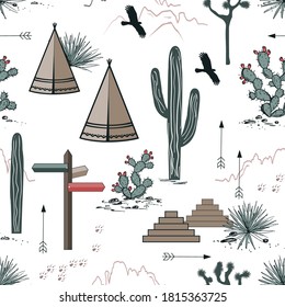 Adventure seamless pattern with wild desert nature, rocks, saguaro, wigwams, and arrows. Vector background design for wallpapers, textile, tapestry, cards or banners.