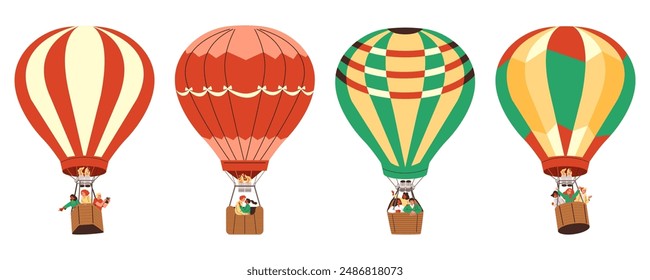 Adventure set for air travel. Colorful balloons with joyful characters in baskets. Vector illustration depicting a journey through the sky on an isolated background.