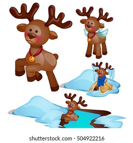 Adventure set Christmas deer isolated on white background. Vector illustration.
