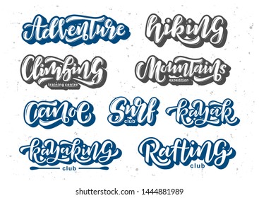 Adventure set hand drawn lettering. Template for logo, banner, poster, flyer, greeting card, web design, print design. Vector illustration.