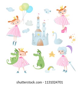 Princess’s adventure. Set of vector elements, which contains: dragon, castle, rainbow and stars.