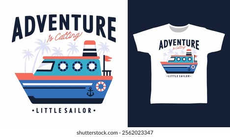 Adventure ship hand drawn illustration, vector ready for print on t-shirt and other uses.