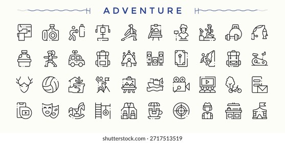 Aventura simple conjunto de iconos. Conjunto de pictograma de línea. Trazo editable. Pixel perfecto. Conjunto de iconos de viaje. Incluido viaje, escalada, camping, exploración, senderismo, campamento y más.