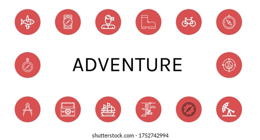 adventure simple icons set. Contains such icons as Fishing, Compass, Pirate, Boot, Bike, Thermo bag, Galleon, Zip line, Pendulum ride, can be used for web, mobile and logo