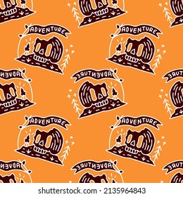 Adventure skull and flag on orange background seamless pattern. Modern vintage, pop art style seamless pattern concept.