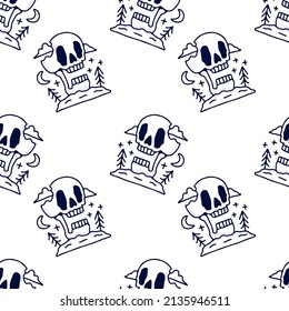 Adventure skull on white background seamless pattern. Modern vintage, pop art style seamless pattern concept.