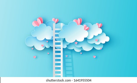 Adventure up to sky with stair go to find hearts in the clouds in Valentine's day. Graphic design for Valentine's day. paper cut and craft style. vector, illustration.