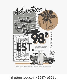 adventure slogan with truck silhouette and palm tree graphic vector illustration