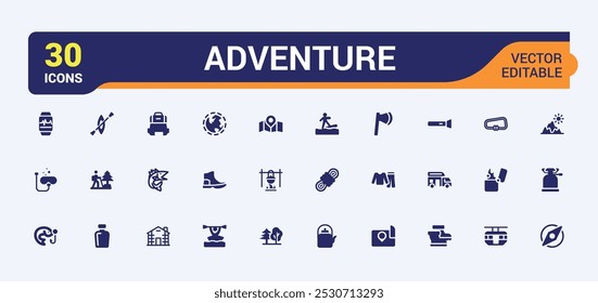 Conjunto de iconos sólidos de aventura. Relacionado con fogata, buceo, escalada, viajes y más iconos planos pack. Actividad al aire libre colección de iconos de estilo lleno. Editable y píxel perfecto.