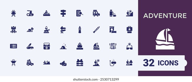 Adventure solid icons set. Related to campfire, snorkeling, climbing, travel and more flat icons pack. Outdoor activity Filled style icon collection. Editable and pixel perfect.