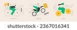 Adventure sport abstract concept vector illustration set. Road bicycle, motocross and downhill, extreme bike, motorbike race, mountain freeride, holiday adventure, cycling travel abstract metaphor.