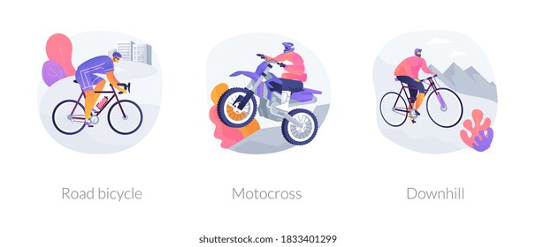 Adventure sport abstract concept vector illustration set. Road bicycle, motocross and downhill, extreme bike, motorbike race, mountain freeride, holiday adventure, cycling travel abstract metaphor.