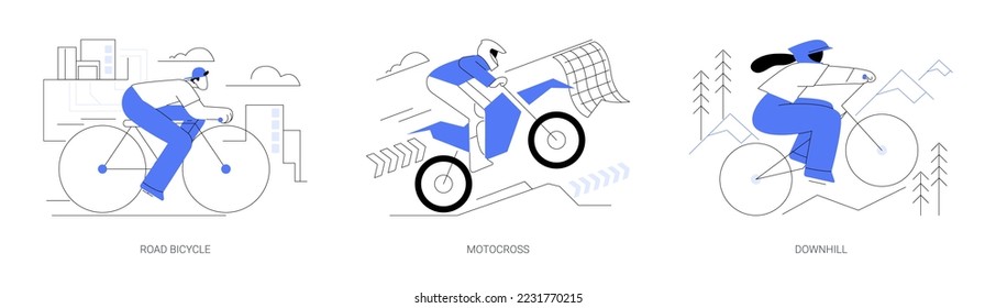 Adventure sport abstract concept vector illustration set. Road bicycle, motocross and downhill, extreme bike, motorbike race, mountain freeride, holiday adventure, cycling travel abstract metaphor.