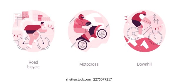 Adventure sport abstract concept vector illustration set. Road bicycle, motocross and downhill, extreme bike, motorbike race, mountain freeride, holiday adventure, cycling travel abstract metaphor.