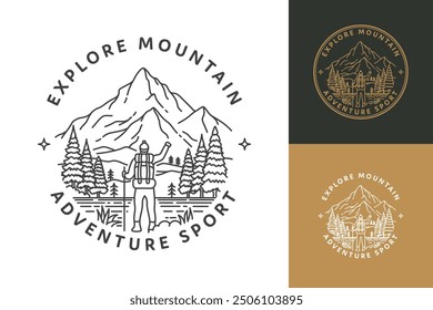 Adventure sport line art logo. It features a man with a backpack and a mountain in the background