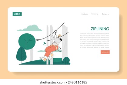 Adventure Sports concept. A person enjoys zip lining among trees, depicting thrill and excitement. Outdoor fun, safe equipment use. Vector illustration.