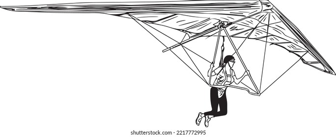 Adventure sports hang gliding outline vector illustration, sky diving sketch drawing, Extreme sports activity clip art and symbol, hang gliding cartoon drawing