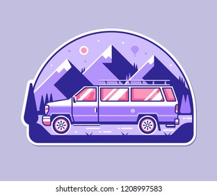 Adventure sticker with retro RV minivan on mountain landscape in flat design. Wanderlust or road travel concept emblem with family van on national park. Old car on wild natural reserve badge.