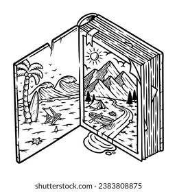adventure stories in old book line illustration