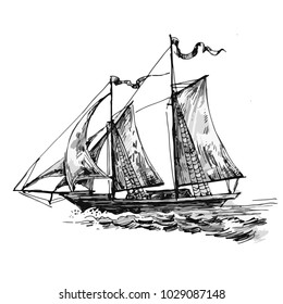 Adventure stories. Pirate background.An old sailboat, old caravel, vintage sailboat. Painted by hand. Vector. Illustrator10