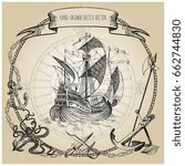 Adventure stories. Pirate background. Vintage border frame. Old caravel, vintage sailboat, sea monster.