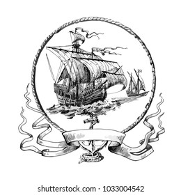 Adventure stories. Pirate background. Vintage border frame. Old sailboat. Painted by hand. Vector. Illustrator10.