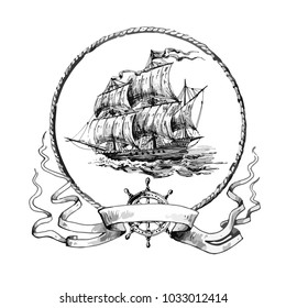 Adventure stories. Pirate background. Vintage border frame. Old sailboat. Painted by hand. Vector. Illustrator10.