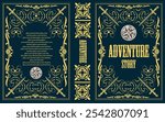 Adventure story book cover featuring a compass and swords, with ornate gold scrollwork on a navy blue background. No AI