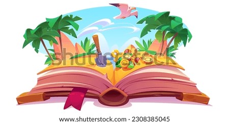 Adventure story kid fairy tale open book with gold treasure to search with shovel fantasy vector illustration. Cartoon fairytale picture about ocean exploration, island and travel legend isolated.