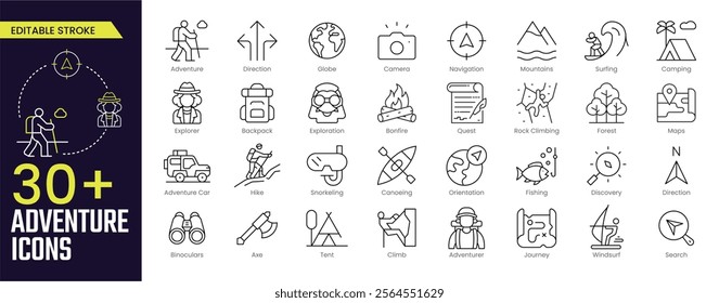 Adventure Stroke icon collections. Containing hike, campfire, snorkeling, climbing, travel and camping icons. Editable Stroke icon collection Outline icon