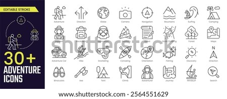 Adventure Stroke icon collections. Containing hike, campfire, snorkeling, climbing, travel and camping icons. Editable Stroke icon collection Outline icon
