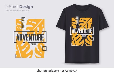 Adventure . Stylish t-shirt and apparel modern design with tropical leaf, typography, print, vector illustration. Global swatches.
