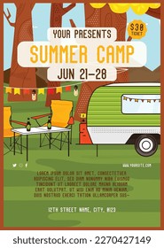 Adventure Summer Camp flyer template with RV Trailer. Classic camping invitation card design. Stock vector poster graphics.