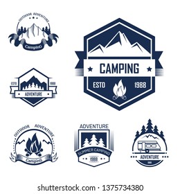 Adventure summer outdoor camping isolated labels set vector. Traveling to mountains being closer to nature, forest and trees. Animals sign, deer with horns, traveling, and touristm, sleeping in tents