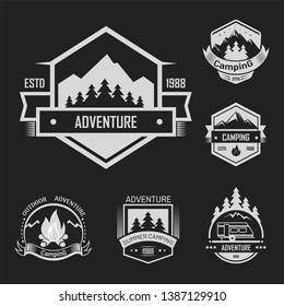 Adventure summer outdoor camping isolated labels set vector. Traveling to mountains being closer to nature, forest and trees. Animals sign, deer with horns, traveling, and touristm, sleeping in tents